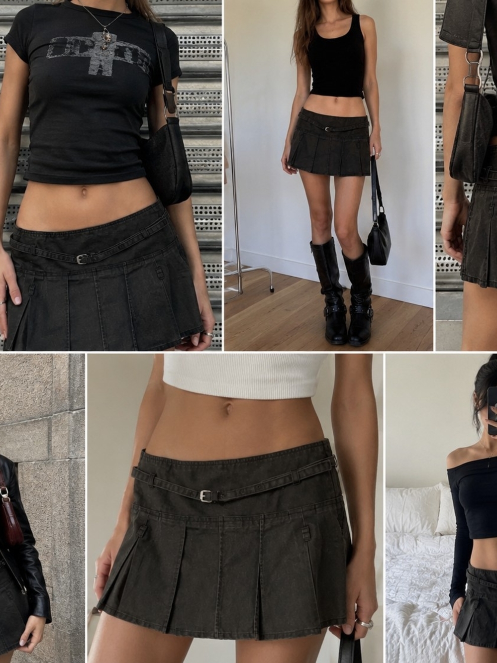 NWT Zara Waxed Pleated Mini Skirt XS Black Coated Moto Y2K Low Rise Belted
